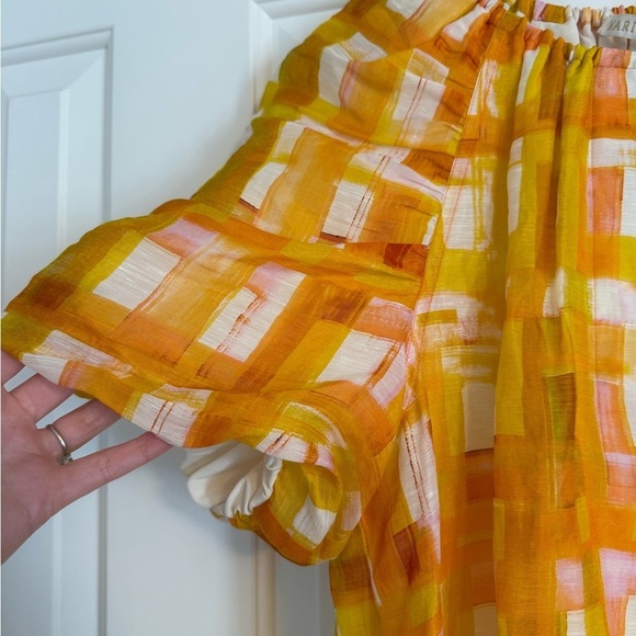 Marie Oliver Greta Puff Sleeves Golden Madras Mini Dress Sz Large - Picture 8 of 14